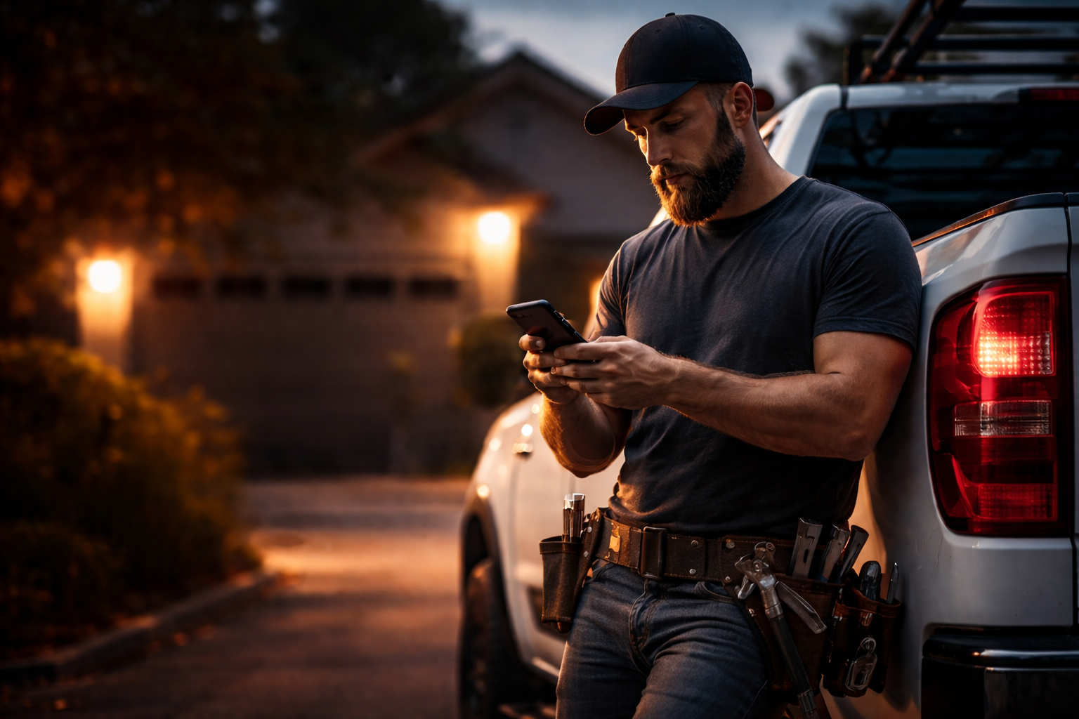 Roofing contractor checking phone receiving automated lead notifications