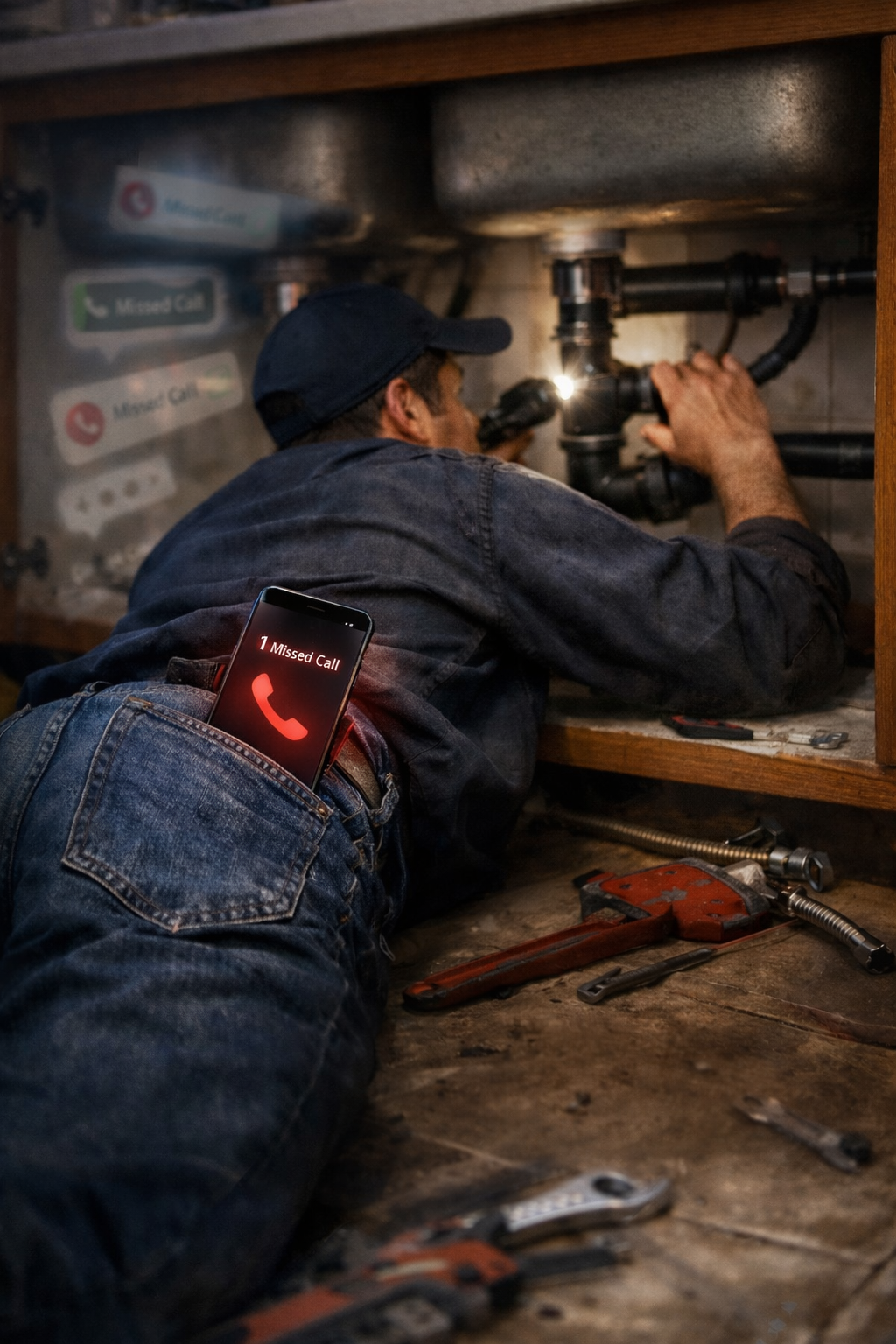 Contractor plumber working under sink while phone shows missed call lead notification